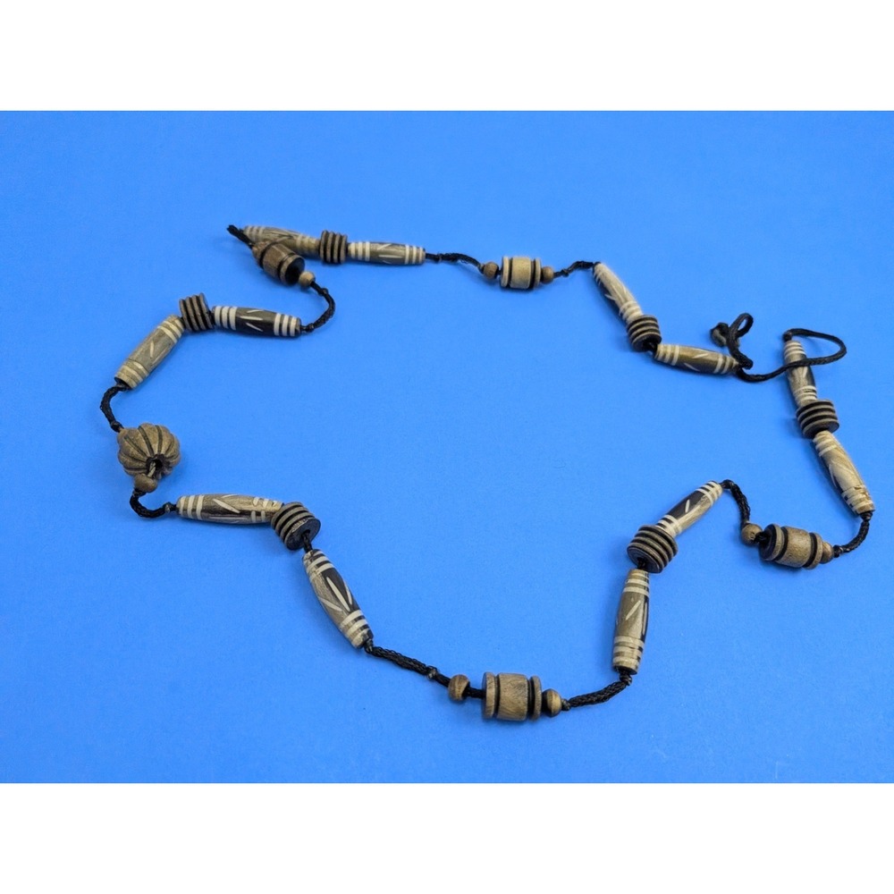 Vintage Wood Beaded String Necklace Aztec Southwestern Indigenous Pumtek Style